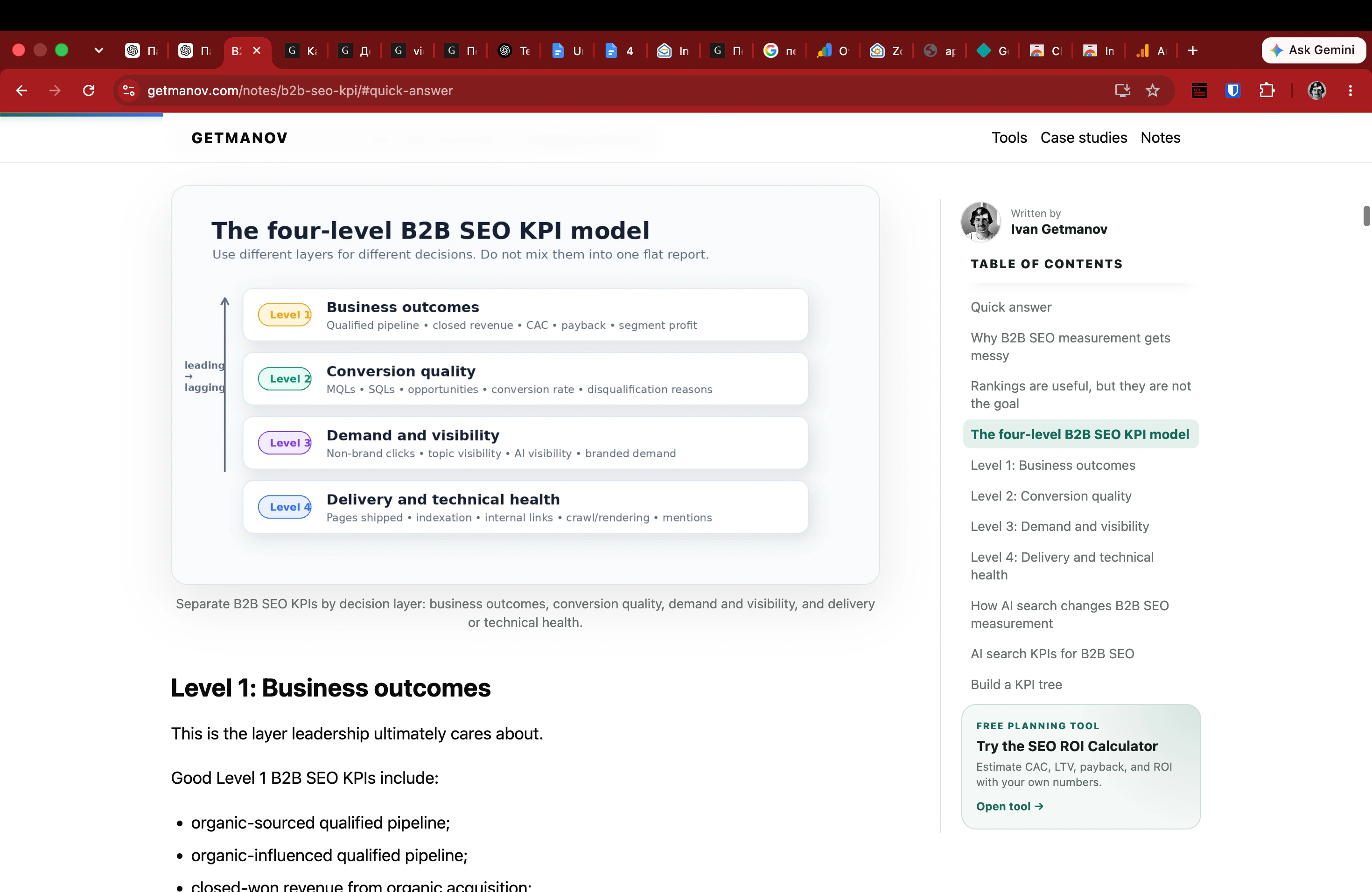 B2B SEO KPI article with a four-level KPI model, persistent table of contents, and contextual calculator call to action
