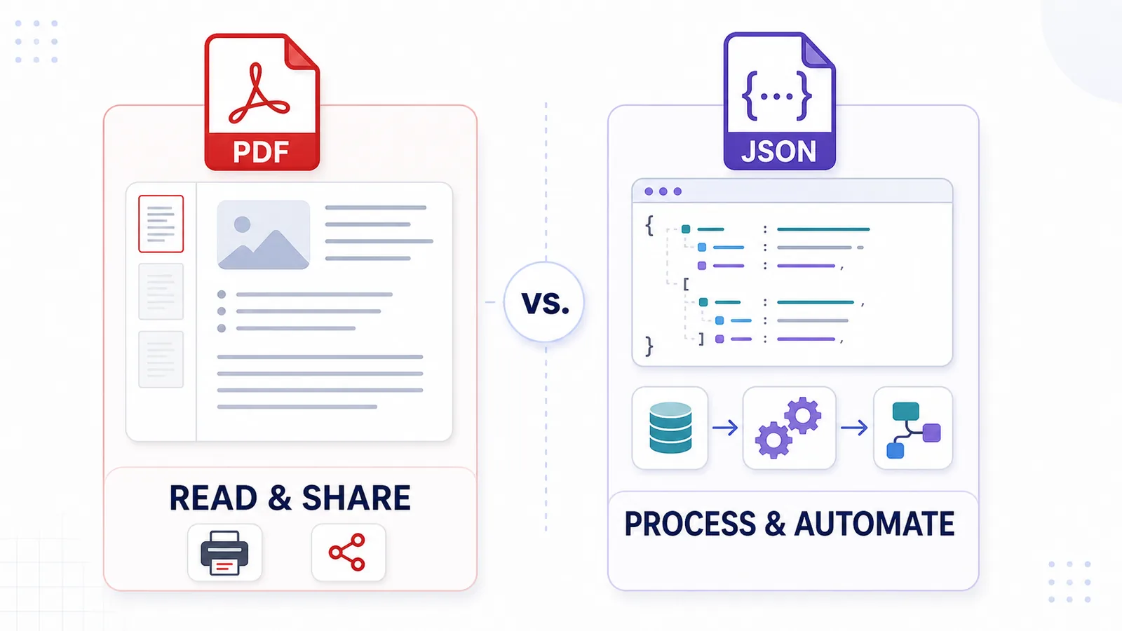 Comparison of PDF and JSON for ChatGPT export, showing PDF for reading and JSON for automation