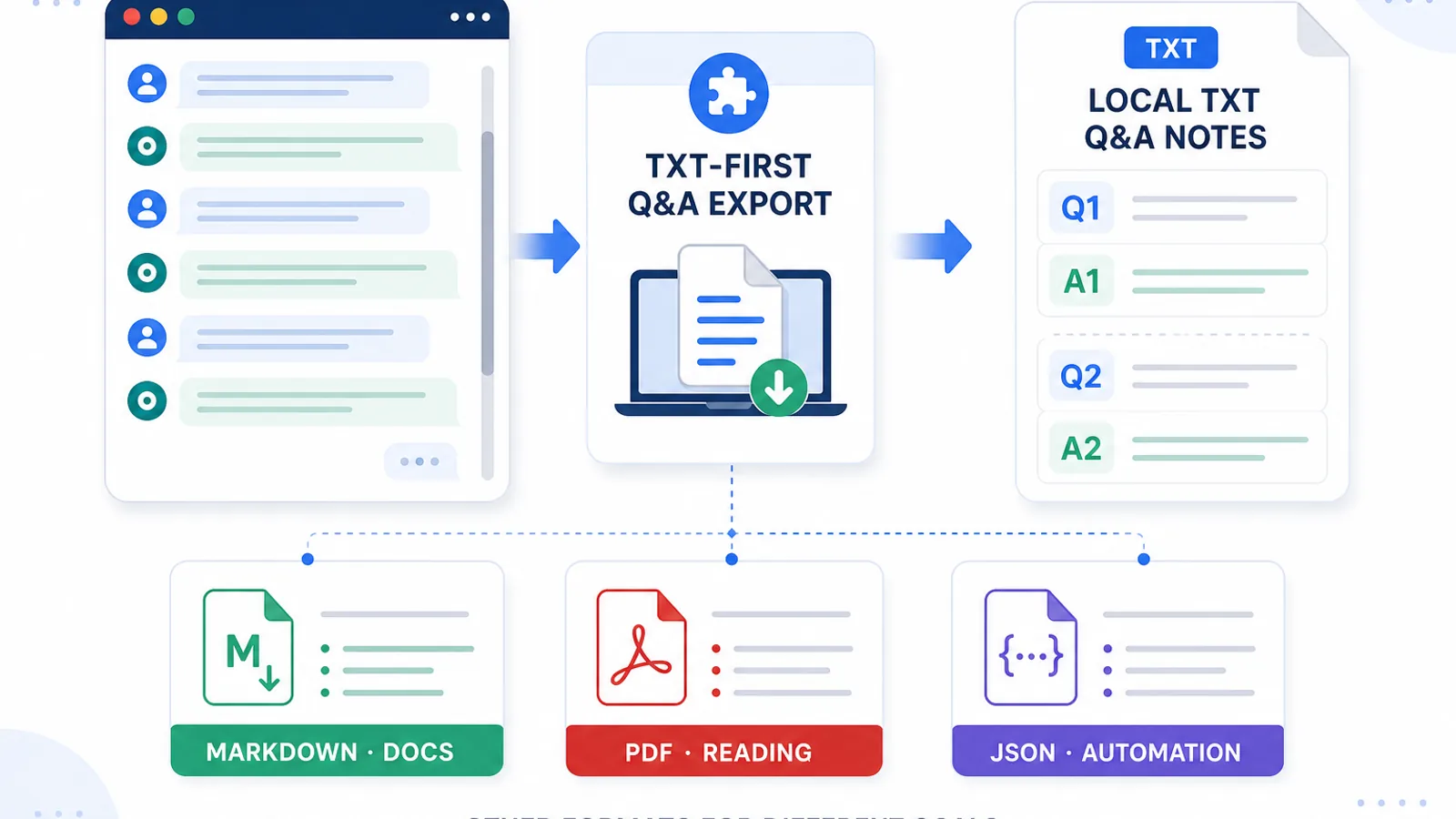 Workflow illustration showing a TXT-first ChatGPT export tool saving one active conversation as local Q&A notes