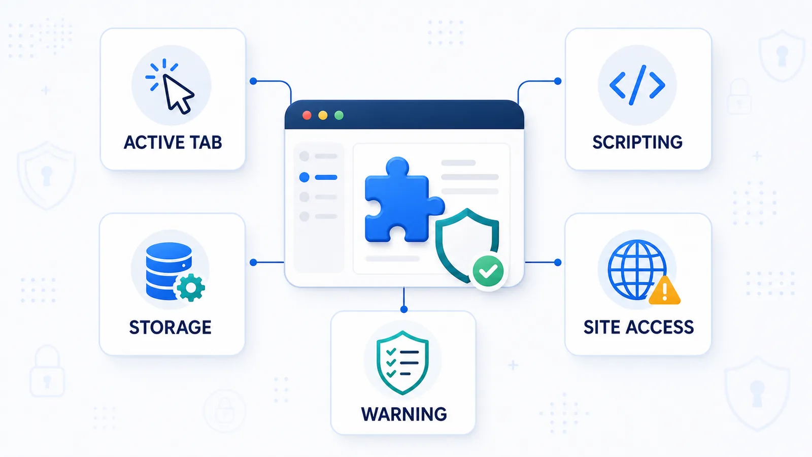 Privacy-friendly diagram of browser extension permissions including active tab, scripting, storage, host permissions, and permission warnings