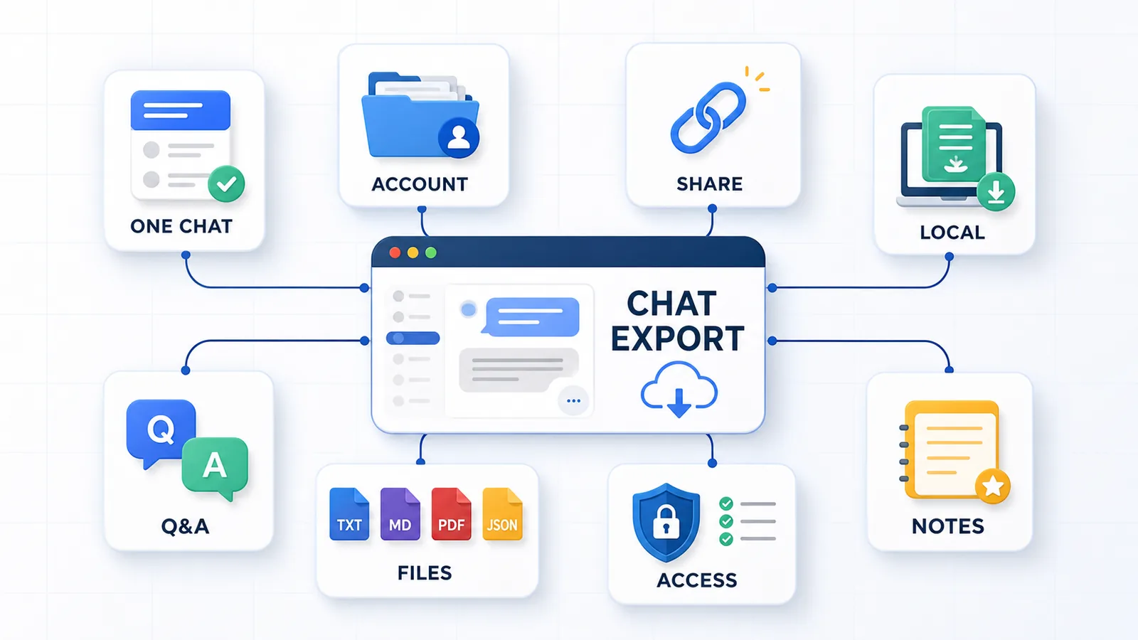 Glossary-style illustration of ChatGPT export terms including single-chat export, account export, local export, shared links, and Q&A notes