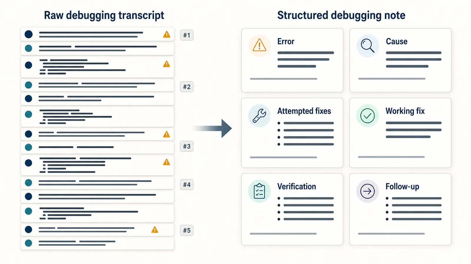 Comparison of a raw ChatGPT debugging transcript and a structured debugging note organized by error, cause, fix, and verification