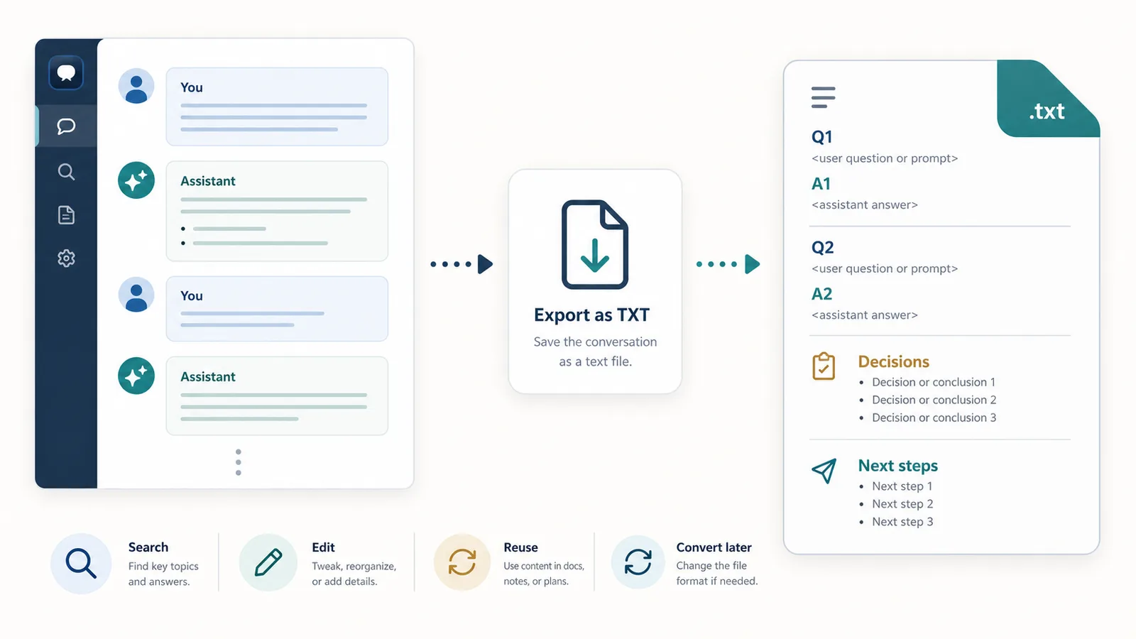 Illustration of a ChatGPT conversation being exported as a clean local TXT file with Q&A notes