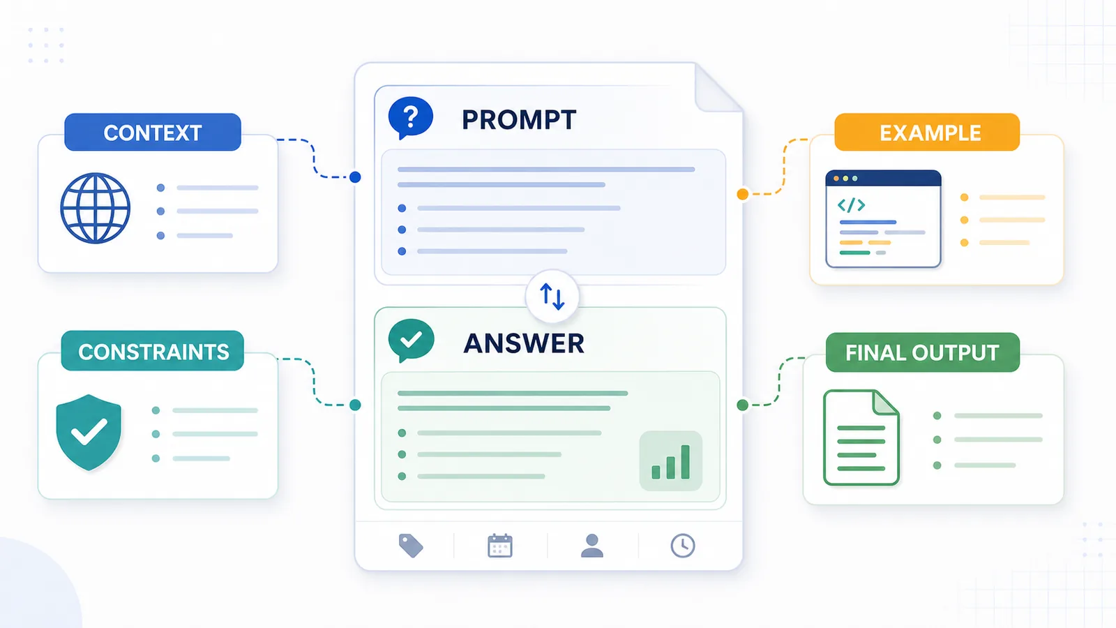 Diagram showing the anatomy of a good ChatGPT Q&A export with prompt, answer, context, constraints, and final output