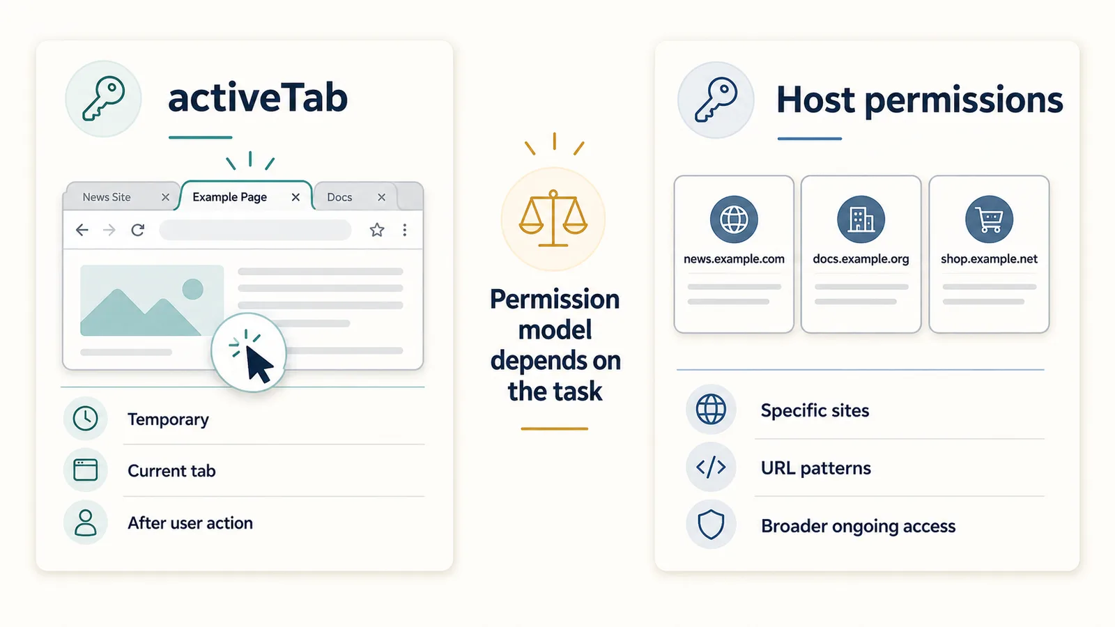 Comparison diagram explaining activeTab and host permissions for browser extensions