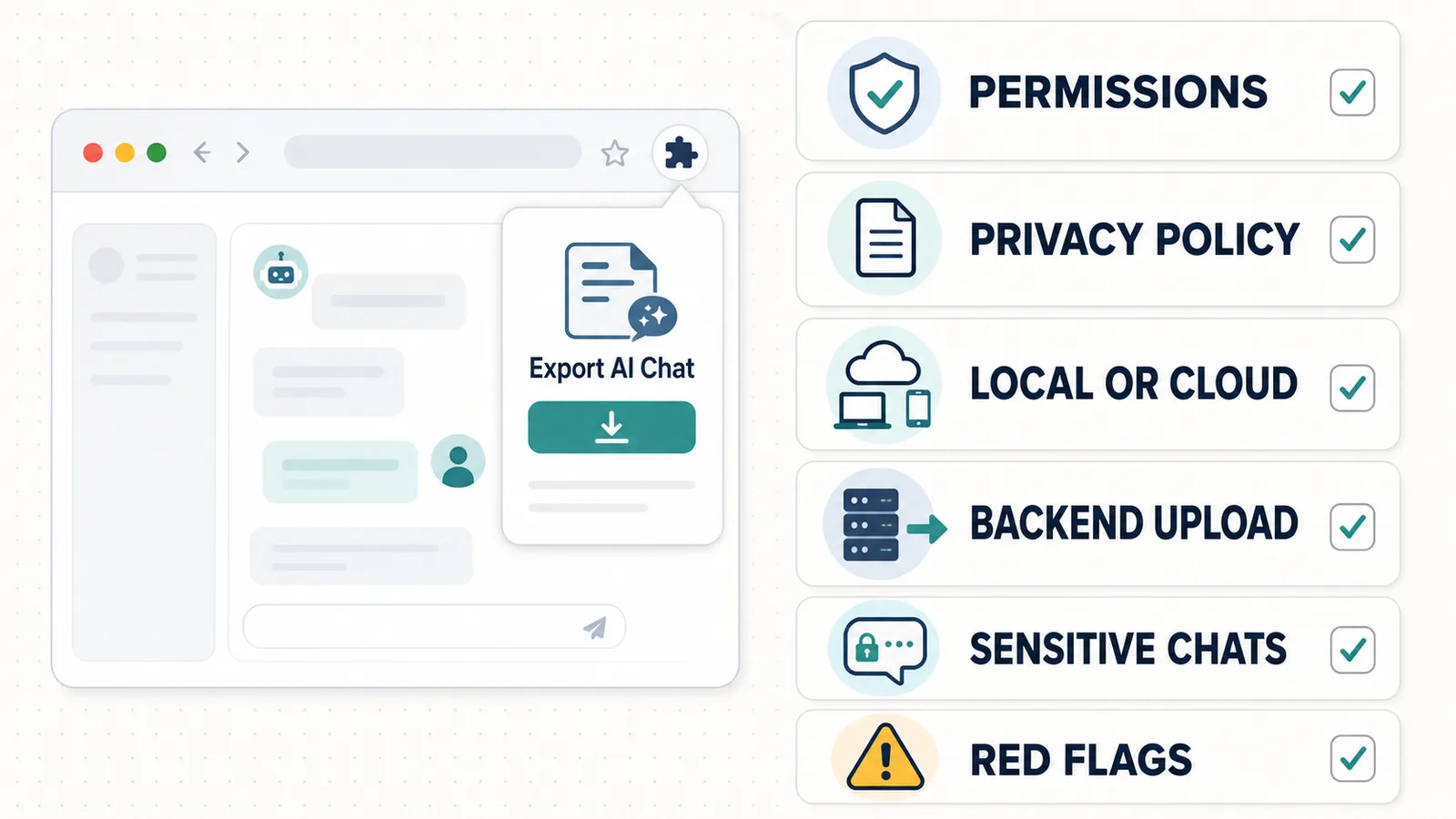 Illustration of a privacy checklist for evaluating whether a ChatGPT export extension is safe