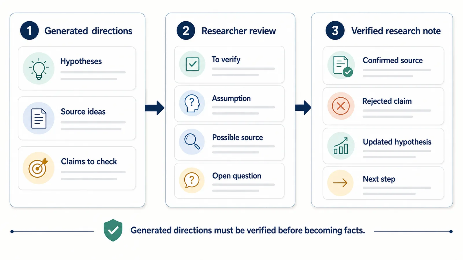 Workflow showing ChatGPT hypotheses and source ideas being marked for verification before becoming research notes