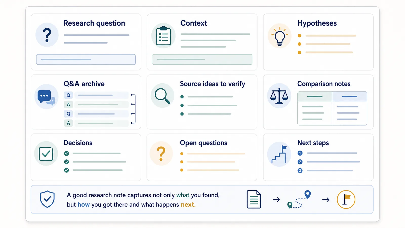 Diagram showing the anatomy of structured ChatGPT research notes with research question, hypotheses, source ideas, comparisons, and next steps