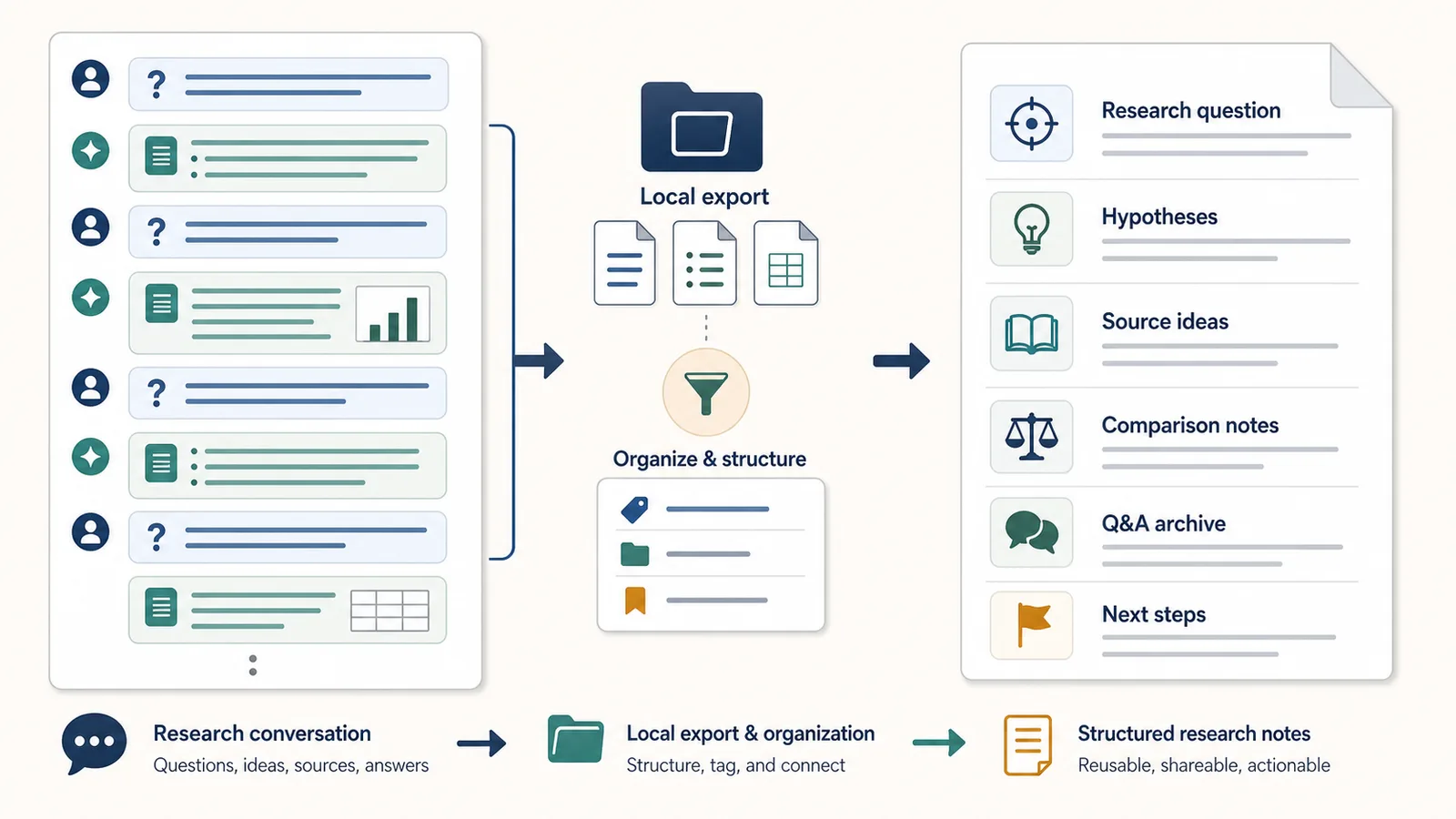 Illustration of a researcher turning a long ChatGPT conversation into structured notes with research questions, hypotheses, sources, and Q&A pairs