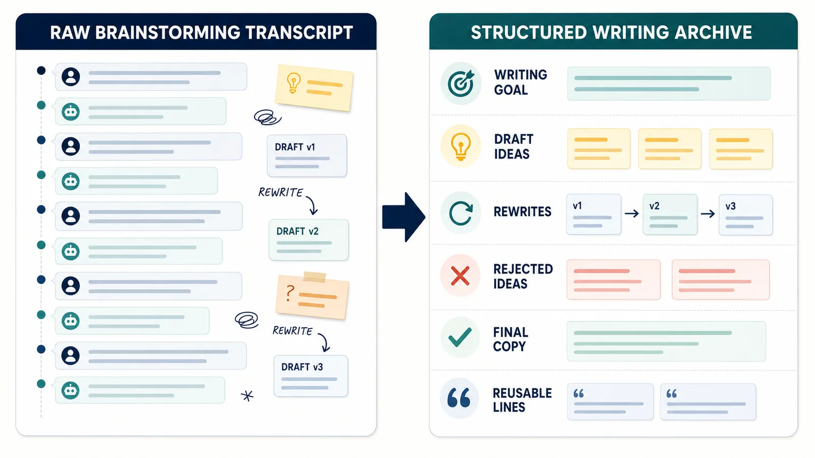 Comparison of a raw ChatGPT brainstorming transcript and a structured writing archive with drafts, rejected ideas, final copy, and reusable lines