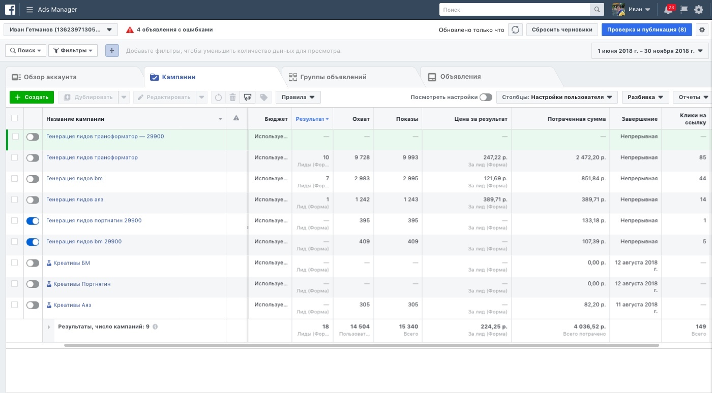 First Facebook Ads dashboard for the website development campaign