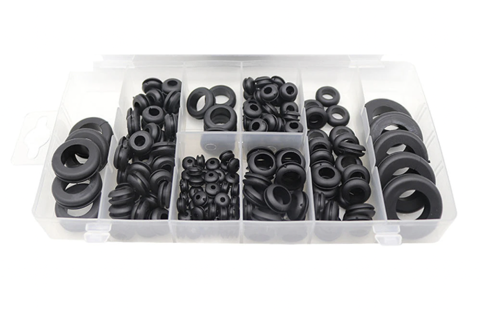 Assorted rubber bushings in a product tray