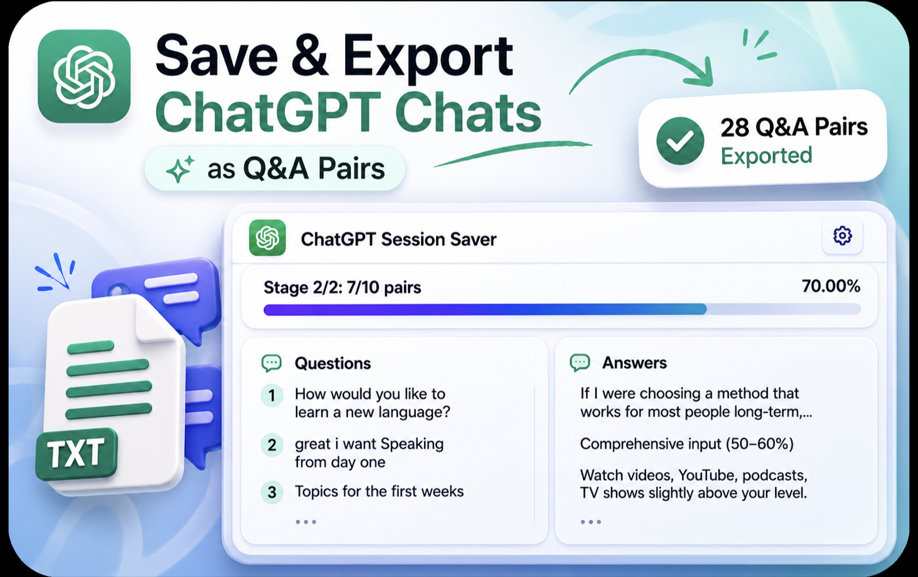 ChatGPT Session Saver promotional graphic showing Q&A export