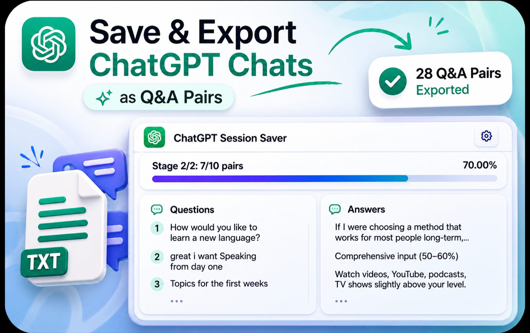 ChatGPT Session Saver turning a long conversation into clean Q&A pairs