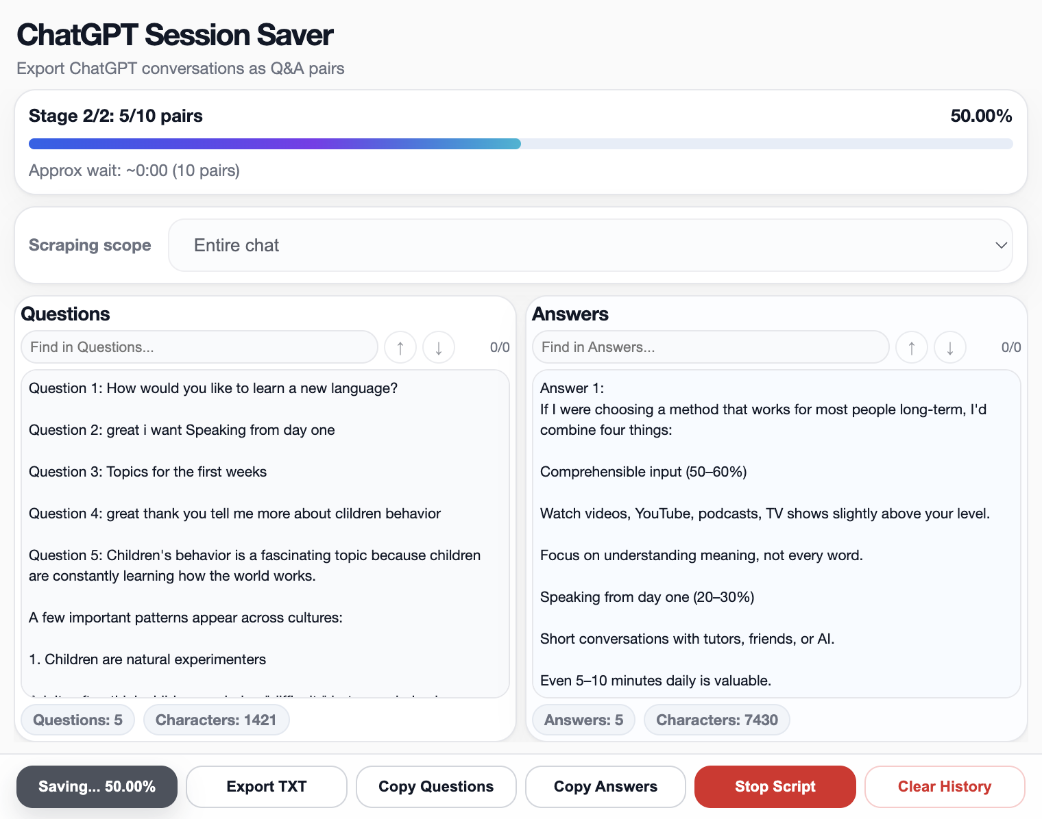 ChatGPT Session Saver extension UI showing export progress