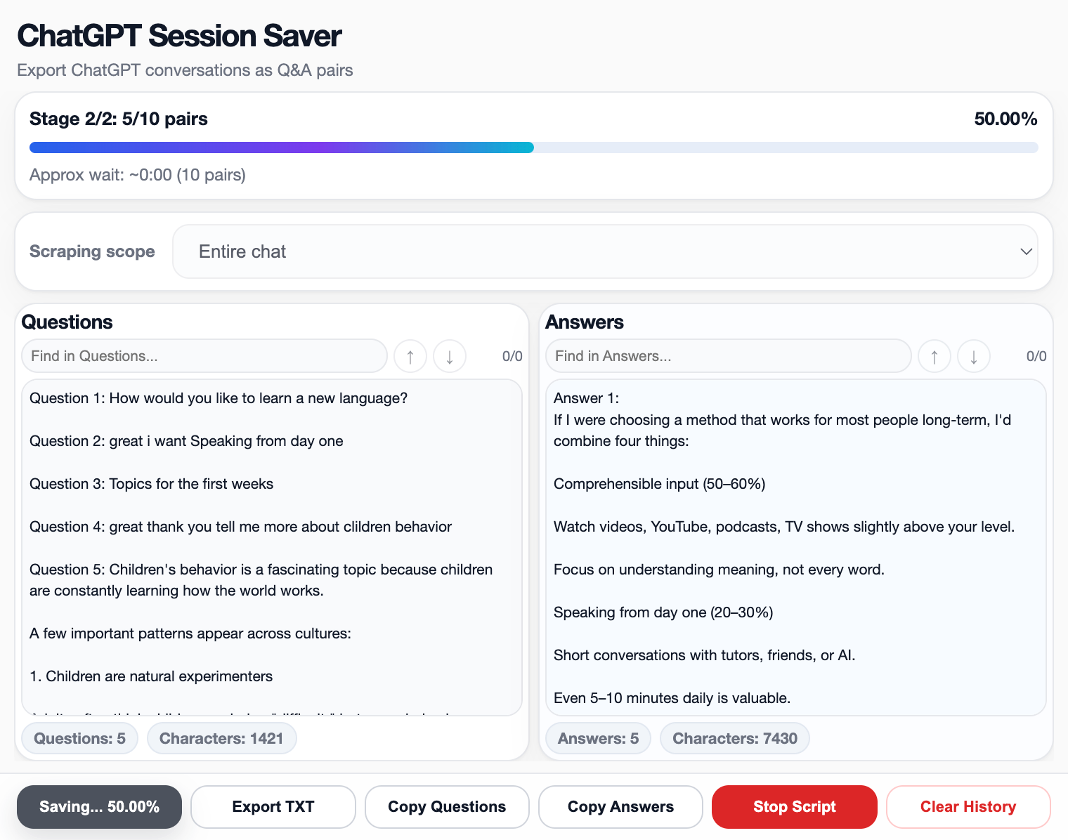 ChatGPT Session Saver showing separate searchable Question and Answer columns before a local TXT export