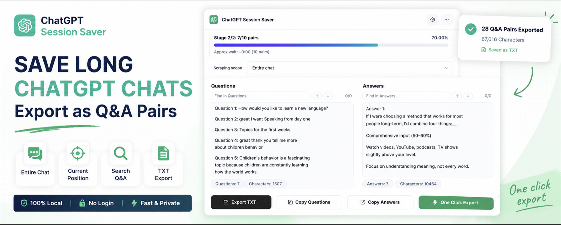 ChatGPT Session Saver interface with export controls and extracted Q&A pairs