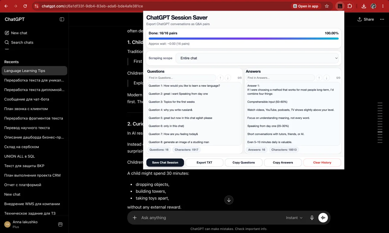 Review extracted ChatGPT questions and answers before exporting