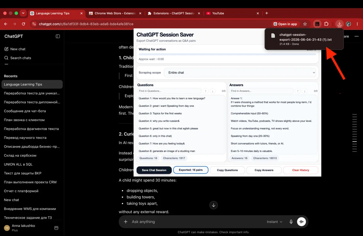 TXT export completed and downloaded from ChatGPT Session Saver